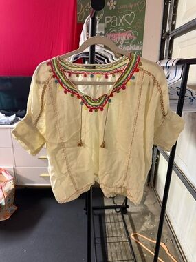 Matta Cream Embroidered Boho Blouse with Pink & Green Accents